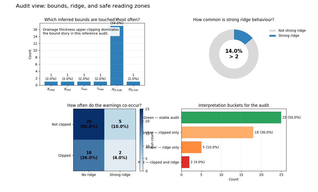 Audit view: bounds, ridge, and safe reading zones, Which inferred bounds are touched most often?, How common is strong ridge behaviour?, How often do the warnings co-occur?, Interpretation buckets for the audit